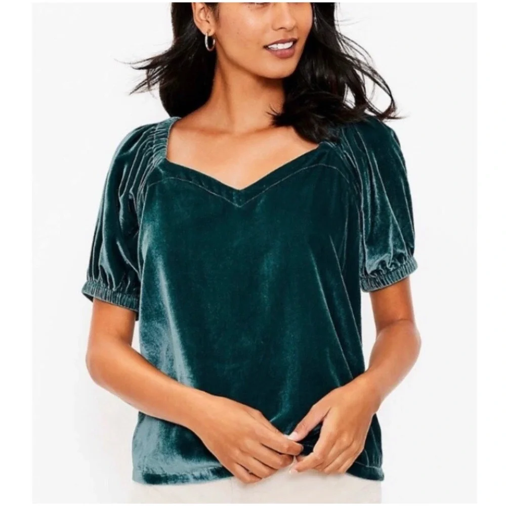 Loft Renaissance Sweetheart Velvet Puff Short Sleeve Holiday Top Green Small NWT